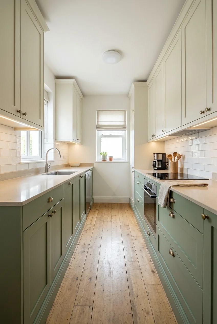Muted green base cabinets with ivory upper cabinets in a galley kitchen.