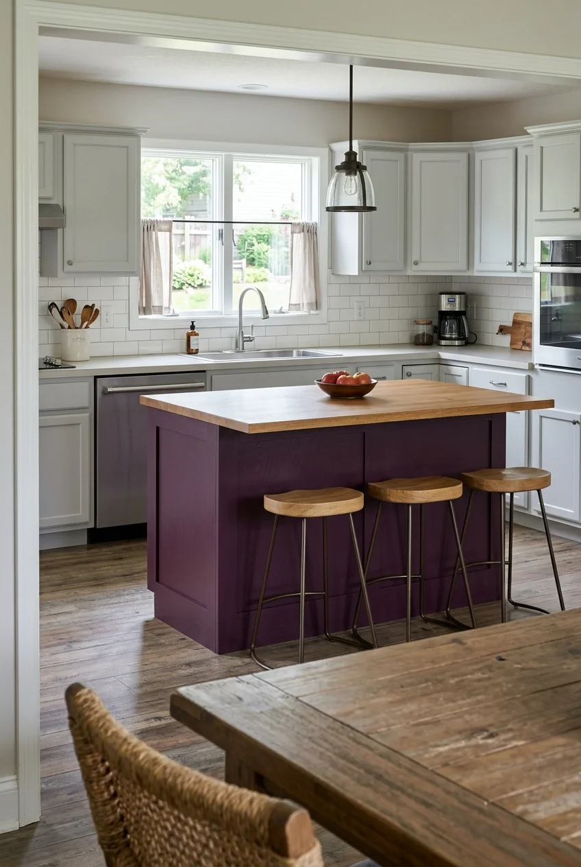 An aubergine painted island contrasts with pale gray perimeter cabinets.