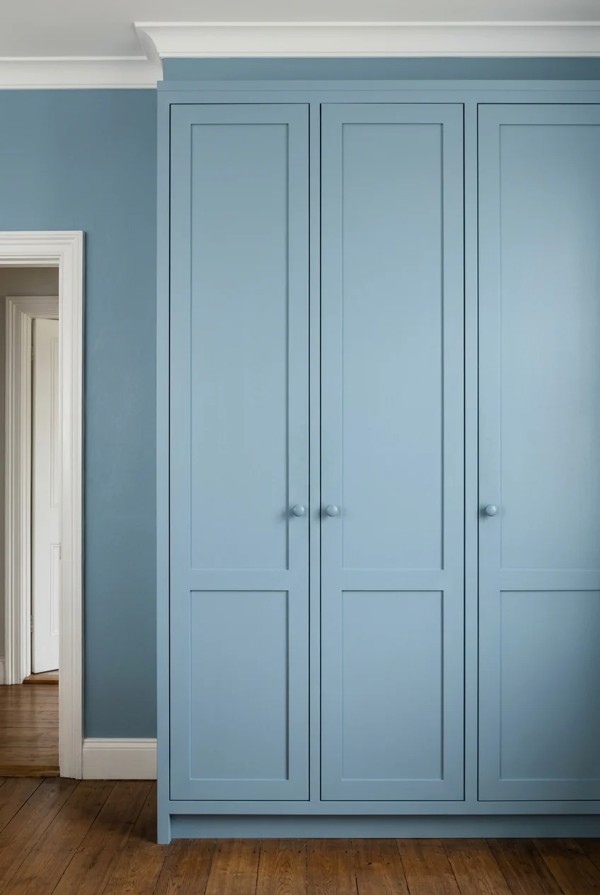 Dusty blue tall pantry cabinets match the surrounding wall.