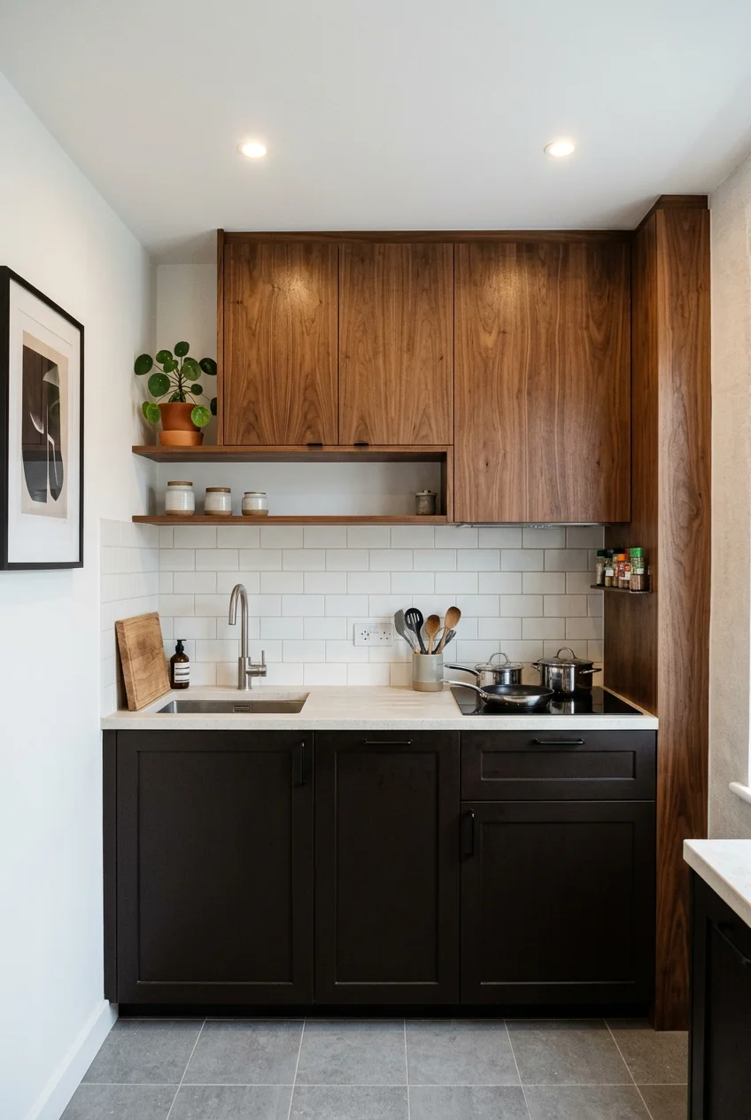 Brown-black base cabinets beneath walnut upper cabinet fronts.