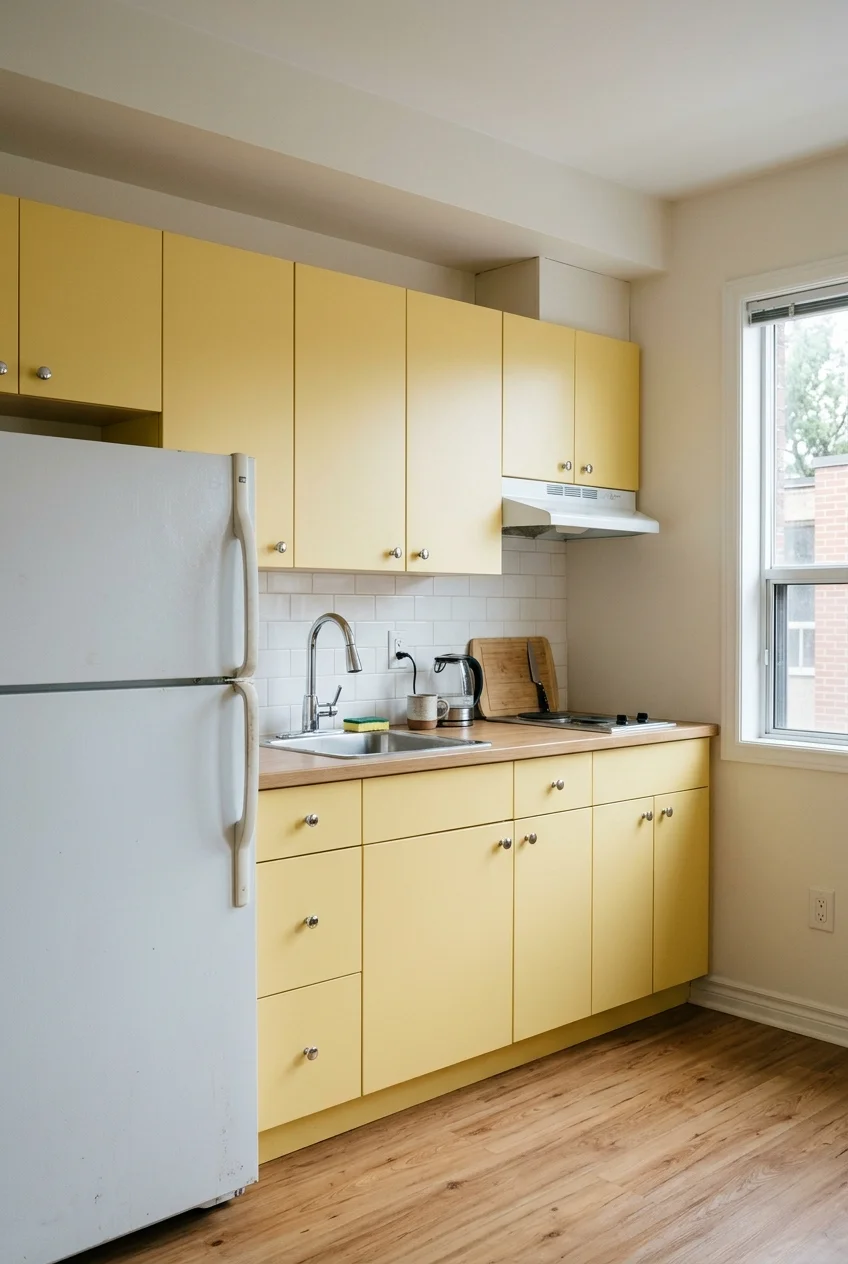 Butter-yellow flat-front cabinets with chrome knobs and a white refrigerator.