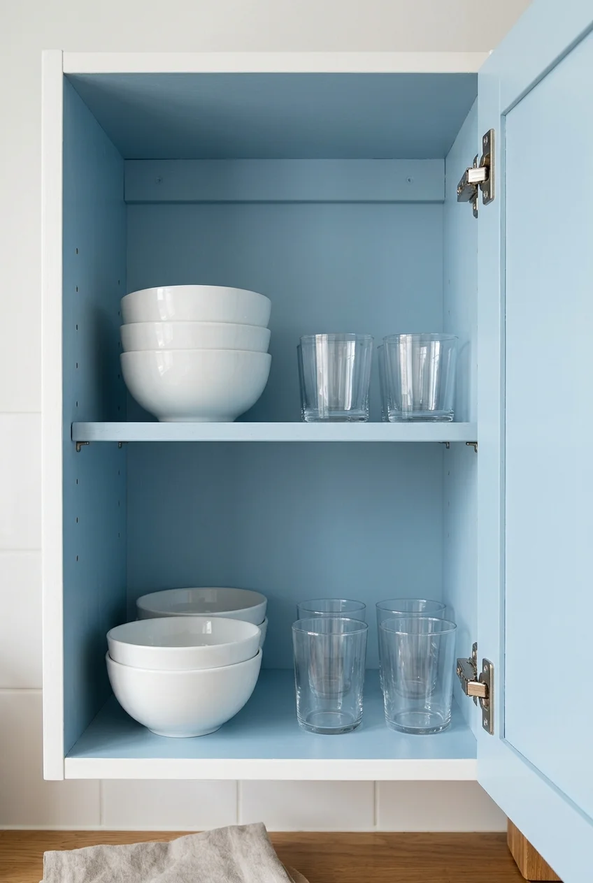 An open white cupboard reveals pale blue painted interior surfaces.