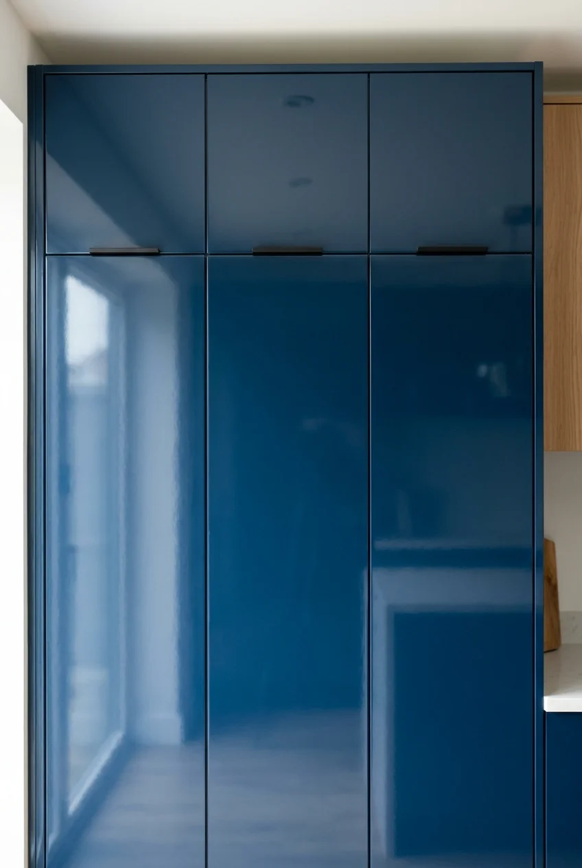 Glossy ink-blue slab cabinet fronts with even narrow gaps.