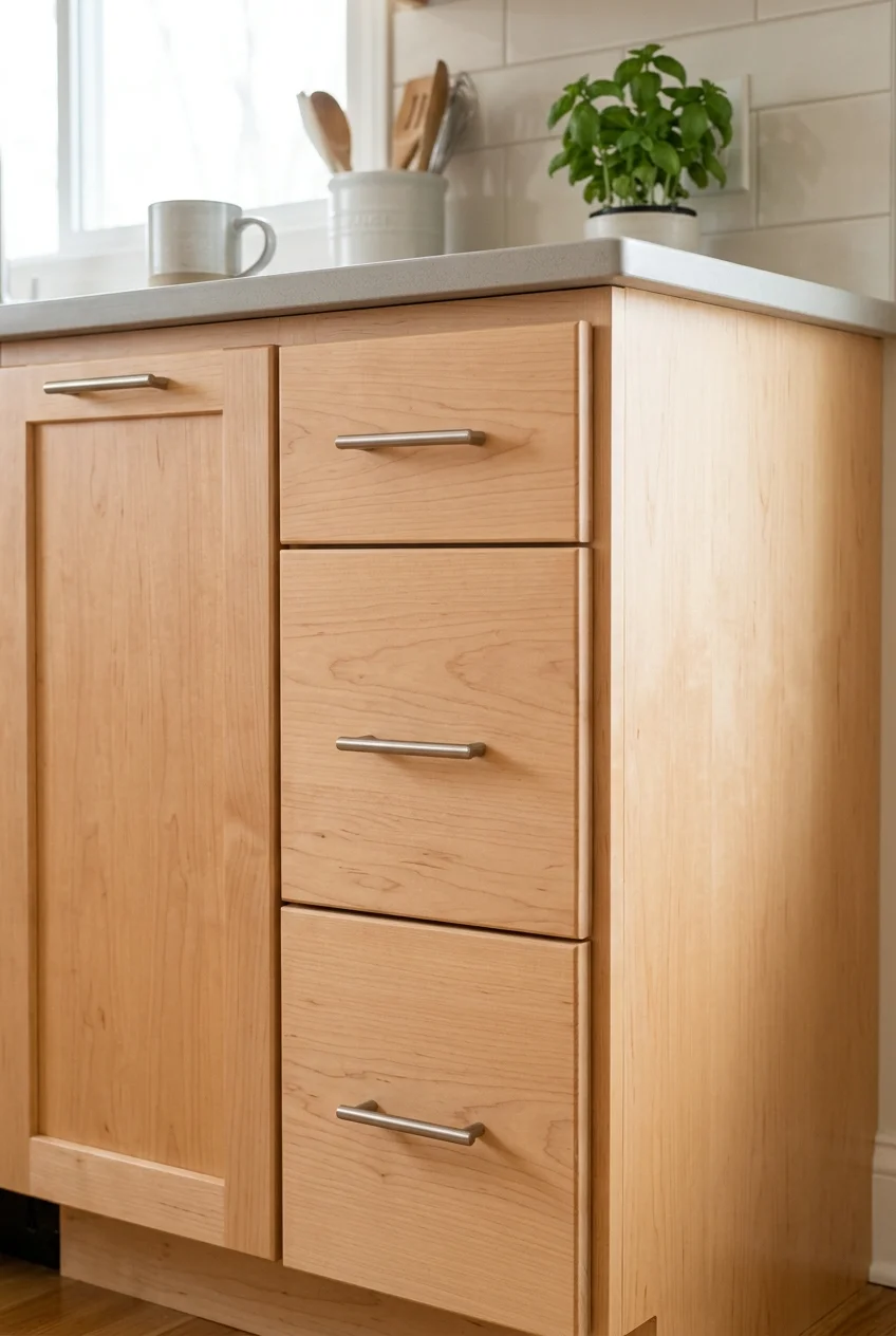 Refinished maple cabinet doors and drawers retain their natural grain.