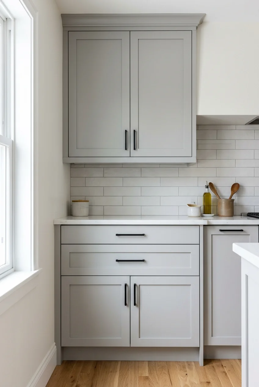 Narrow-frame Shaker doors paired with a simple shallow drawer front.