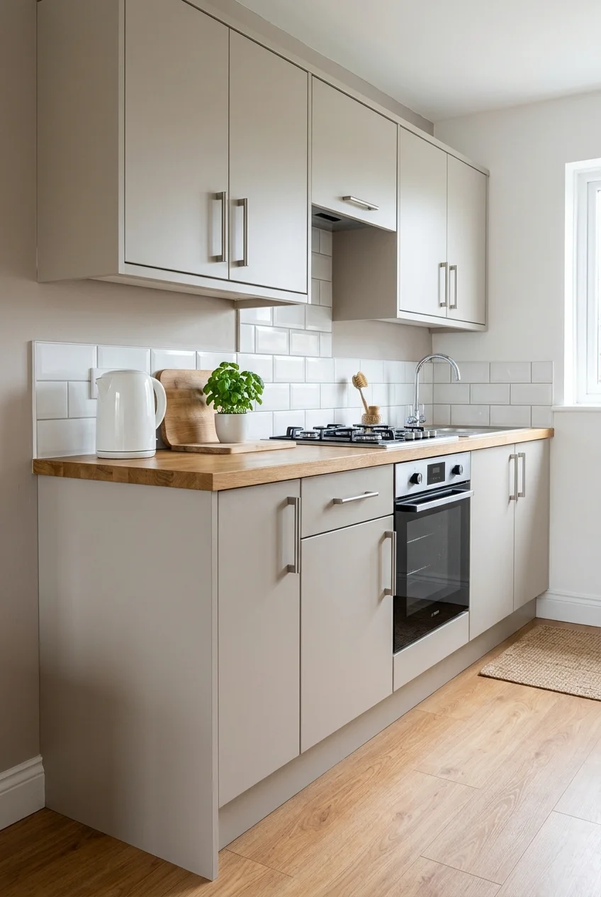 Mushroom-colored slab doors with matching finished cabinet edges.