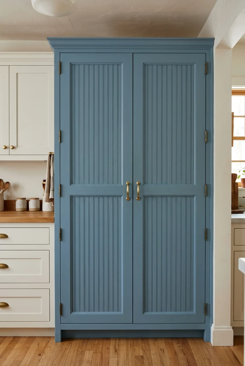 Blue pantry doors feature beadboard detail within recessed panels.