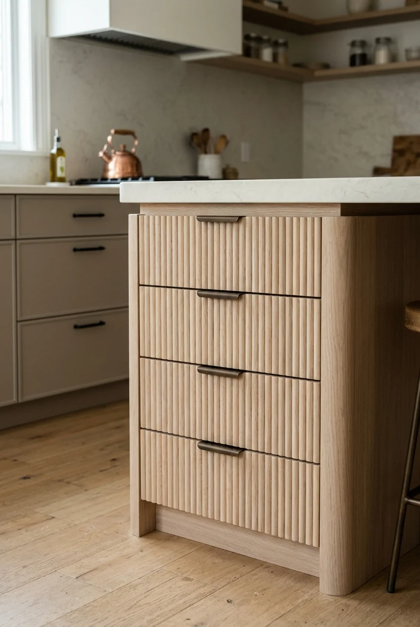 Pale oak fluted island drawer fronts beside plain perimeter cabinets.