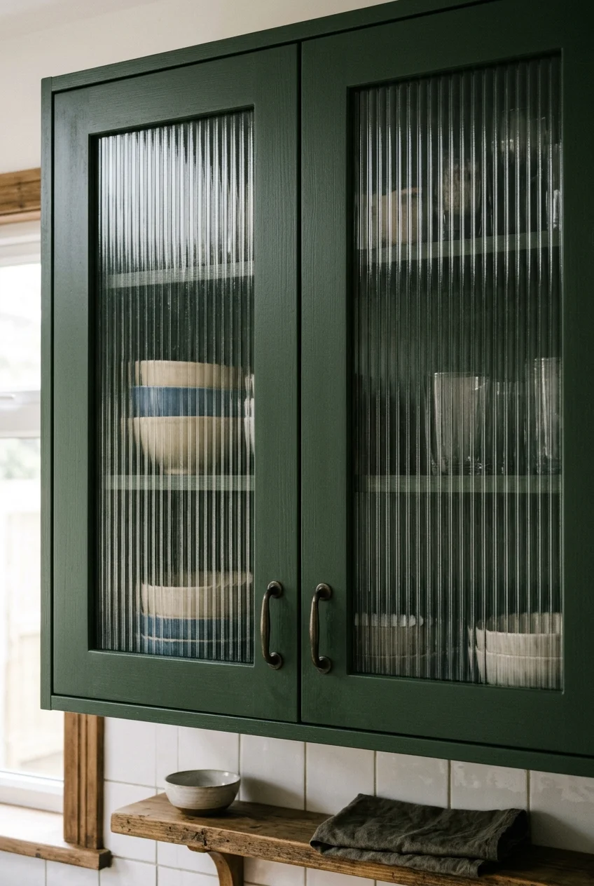 Reeded glass upper cabinet doors softly blur the dishes inside.