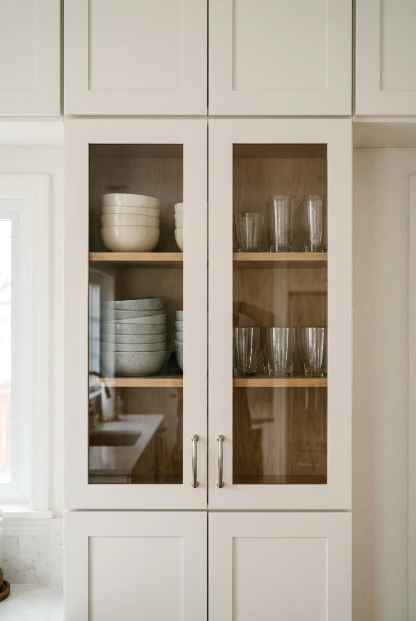 Clear-glass upper doors display neatly spaced everyday bowls and glasses.