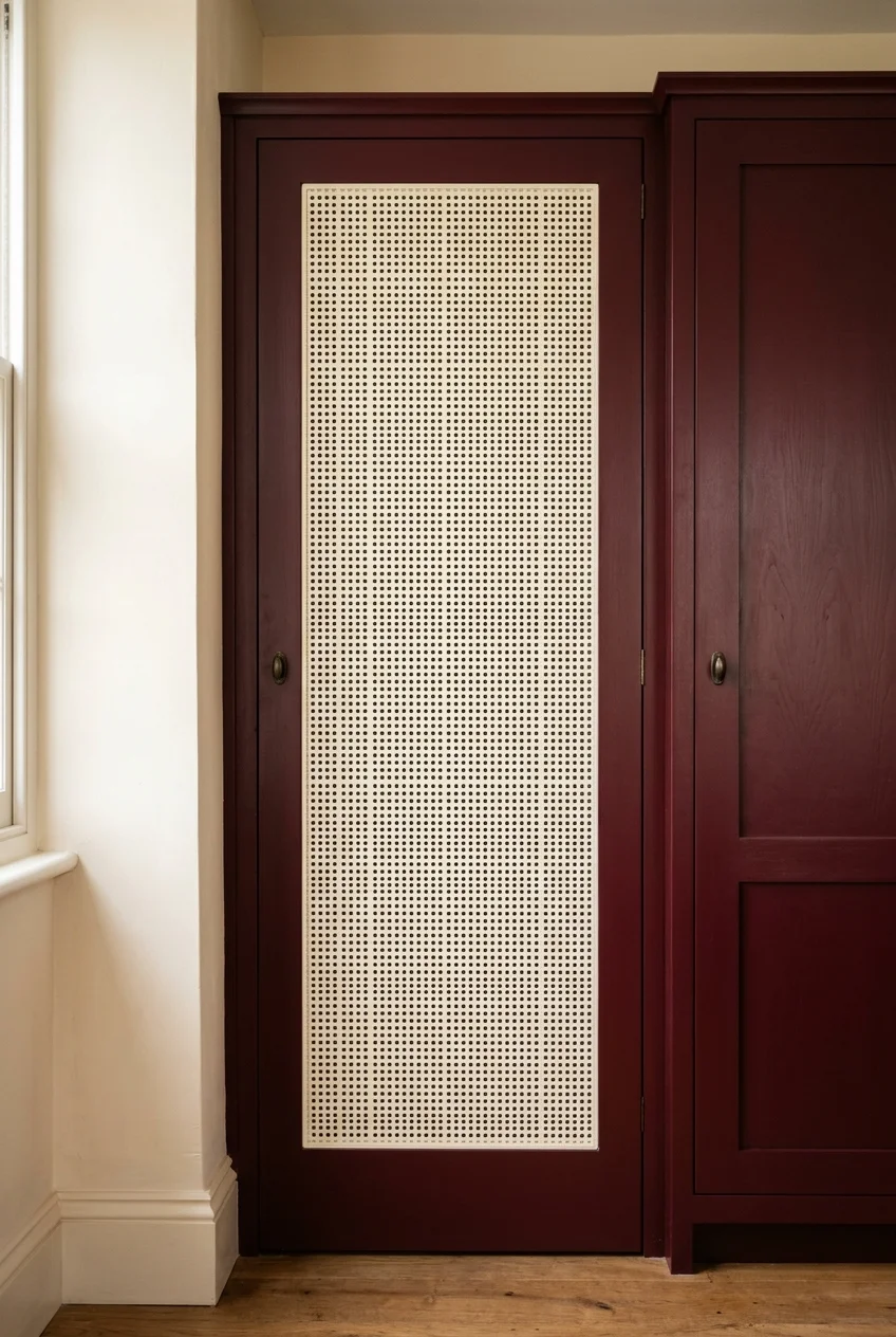 Cream perforated metal inserts sit within dark red pantry door frames.