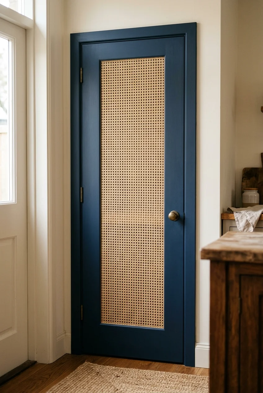 A navy pantry door frames a taut natural cane insert.