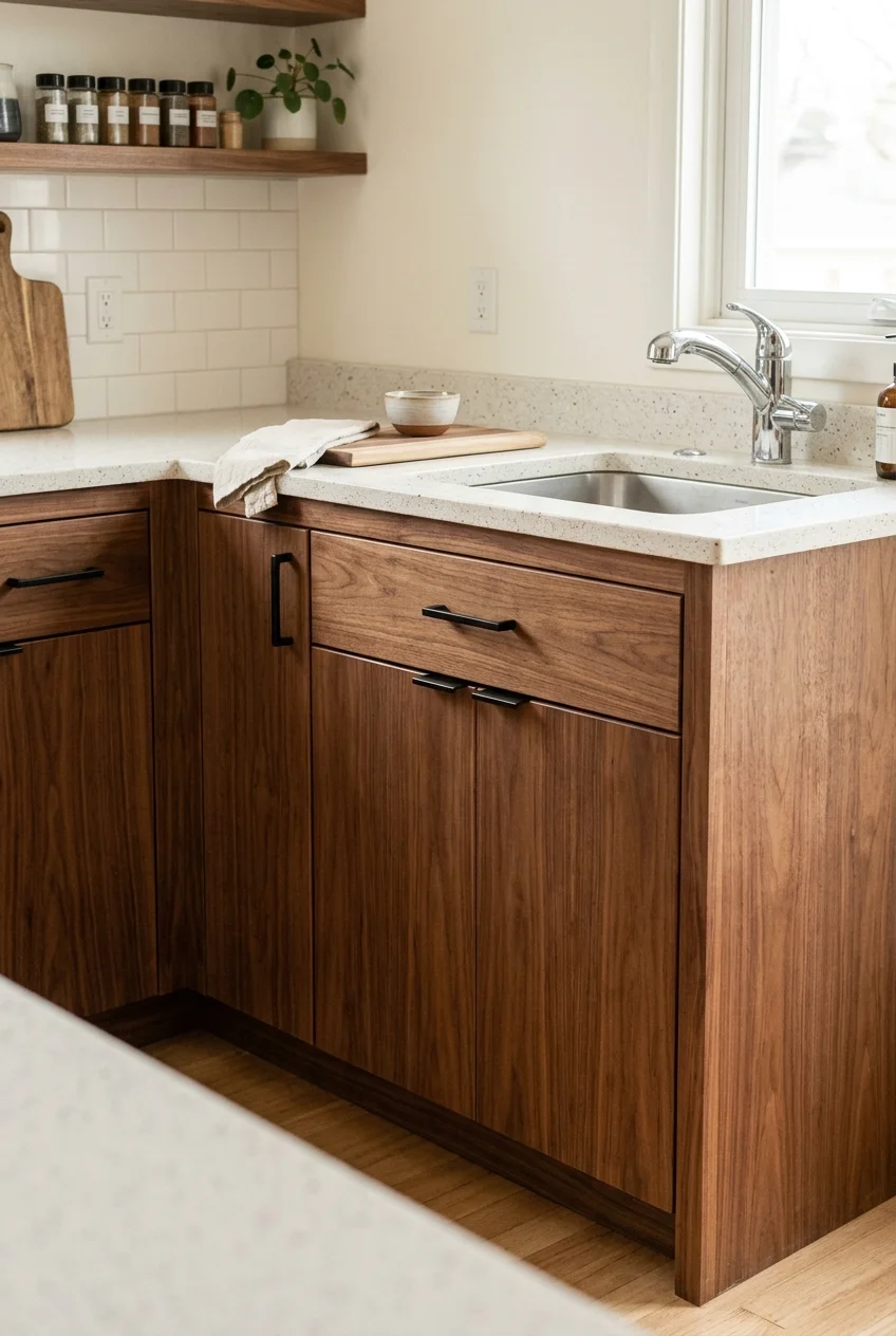 Coordinated walnut fronts, face frames, and end panels finish a refaced kitchen.