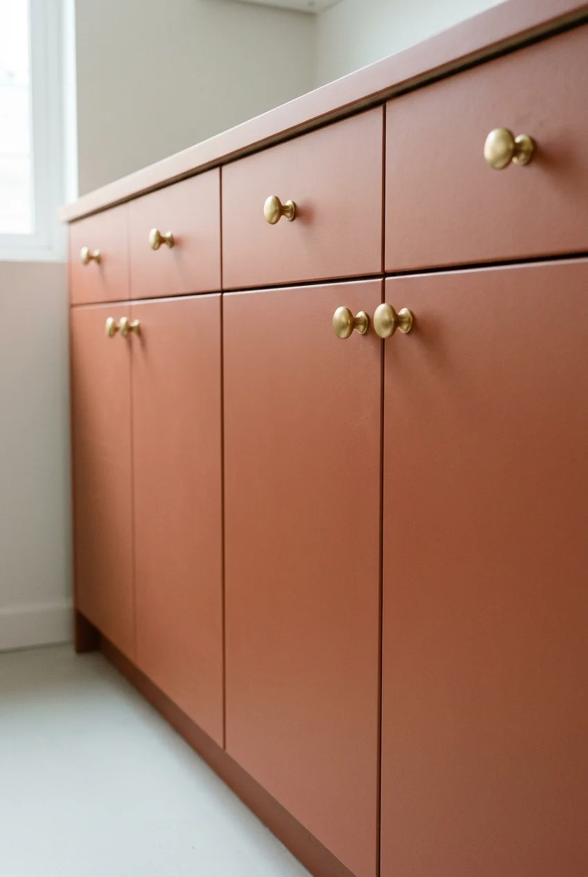 Smooth terracotta film covers flat cabinet fronts with neatly finished edges.