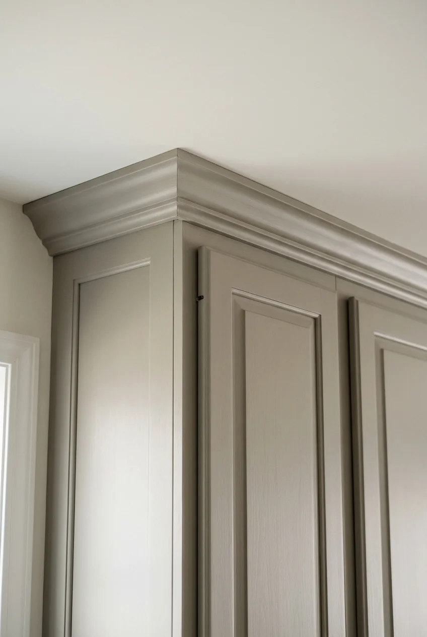 Modest crown molding finishes the top and return of warm-gray upper cabinets.