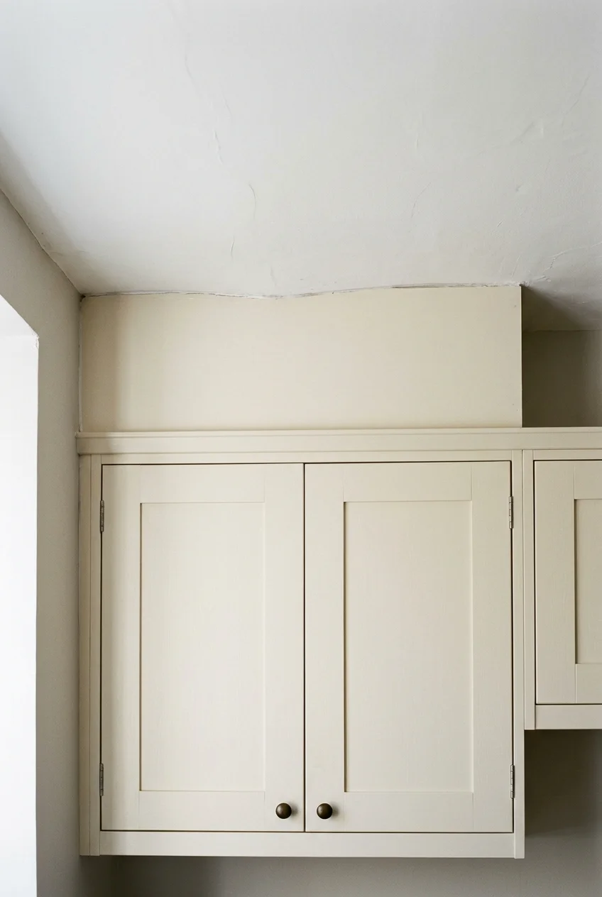 A plain cream infill band closes a shallow gap above upper cabinets.