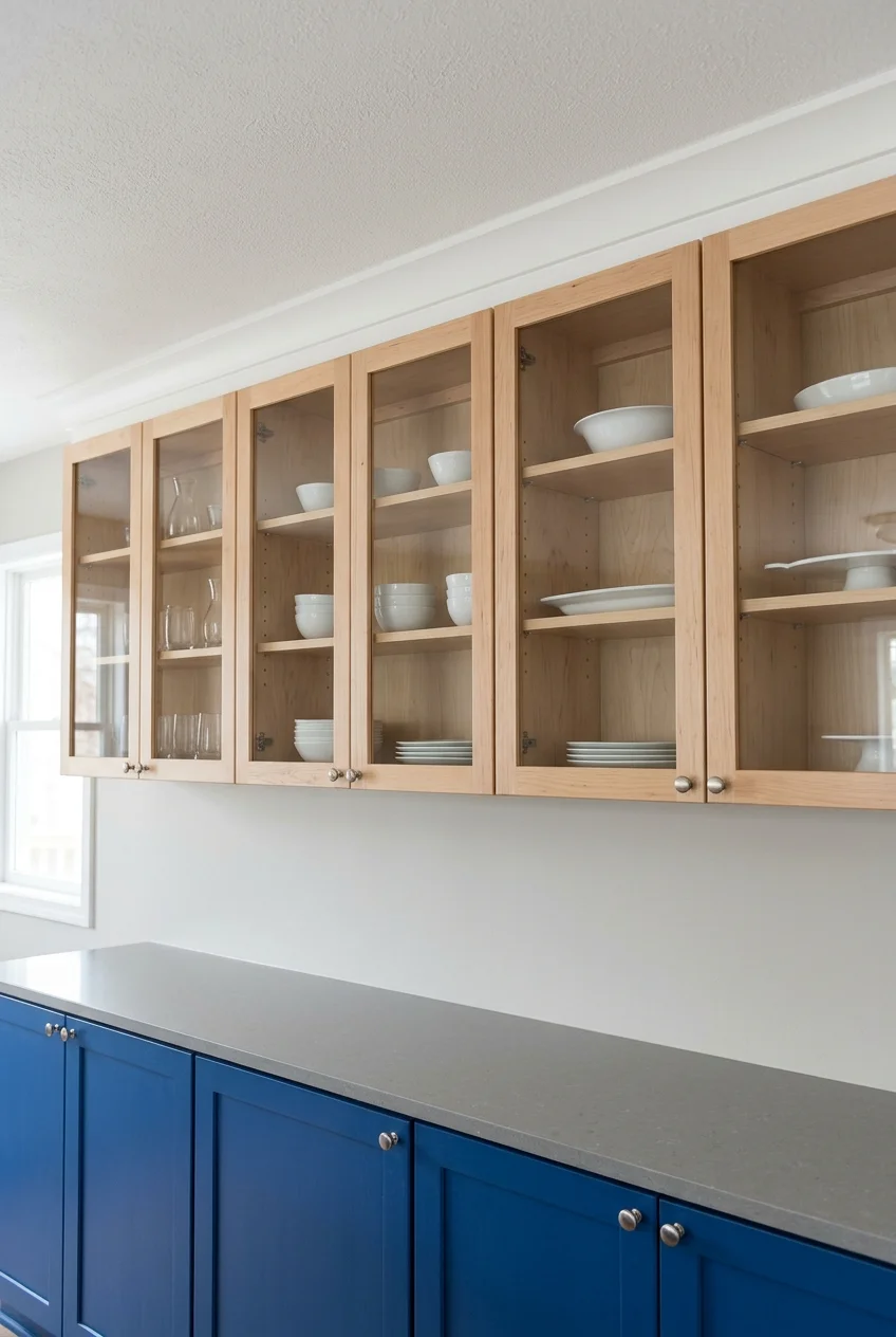 Short glass-front cabinets form a stacked row above solid blue uppers.
