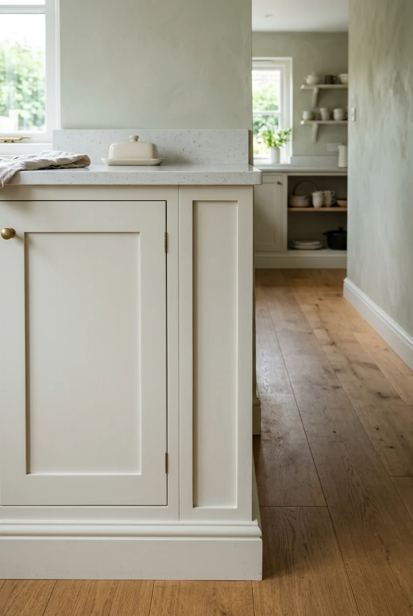 A framed exposed end panel matches adjacent painted Shaker cabinet doors.