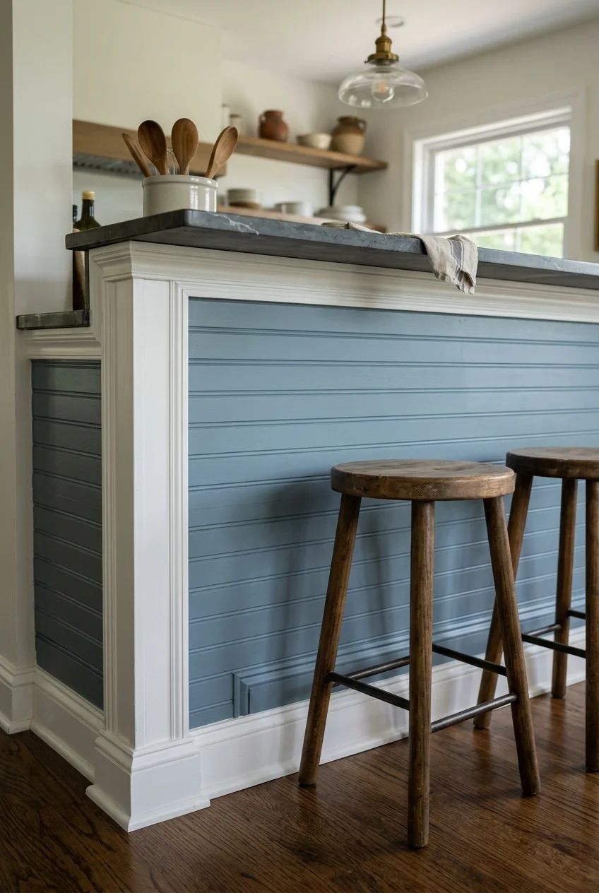 Muted blue beadboard finishes the dining side of a kitchen peninsula.
