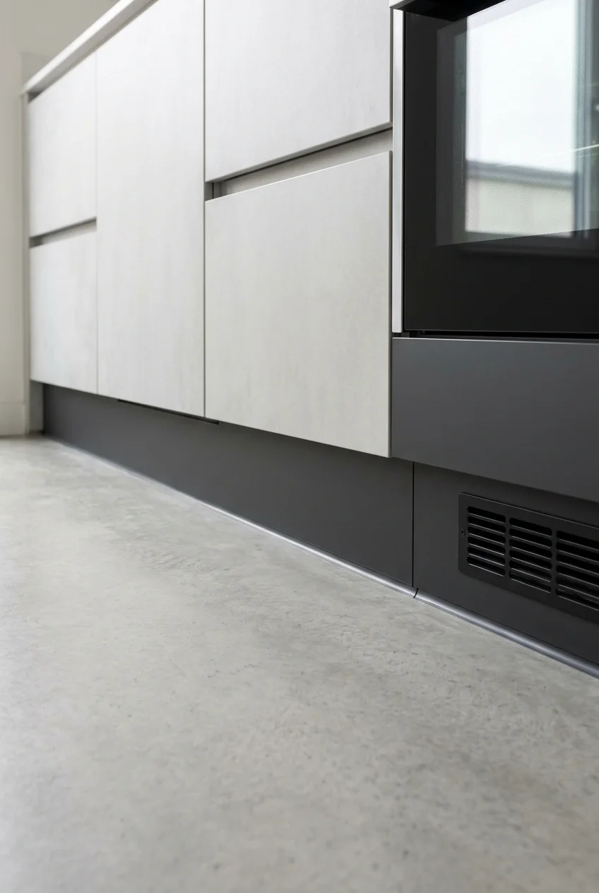 A coordinated charcoal toe-kick recess runs beneath pale kitchen cabinets.
