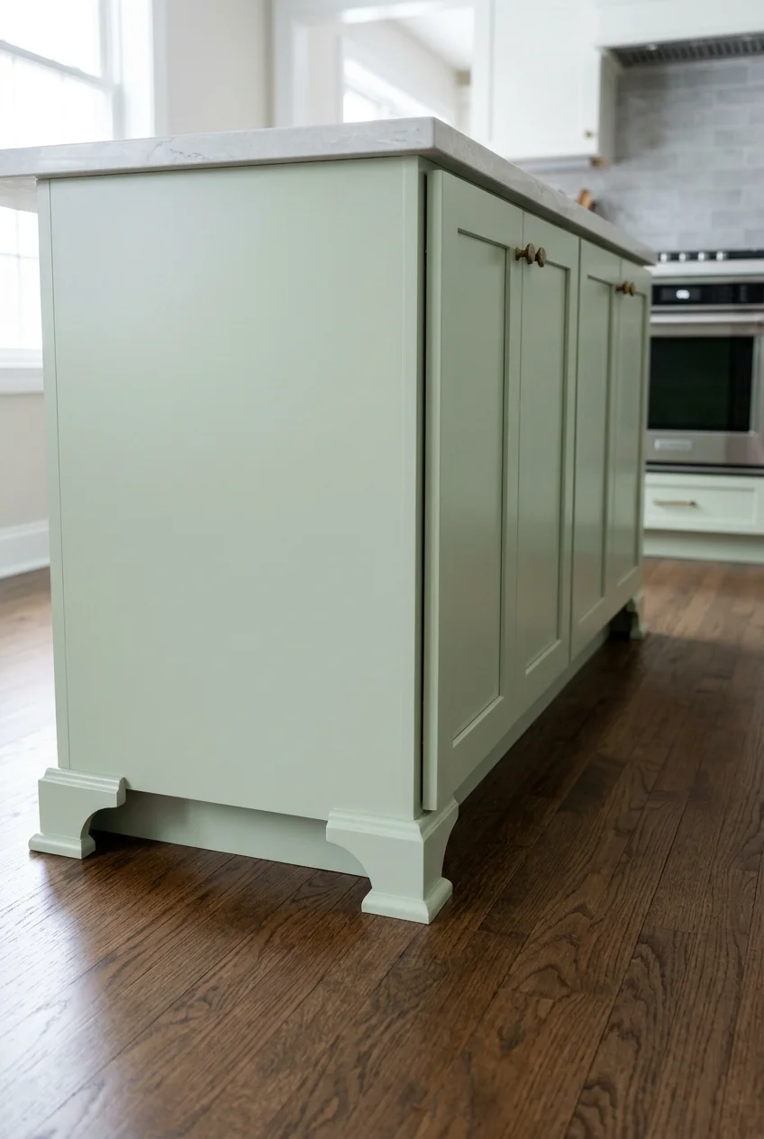 Small bracket feet finish the corners of a pale green island.