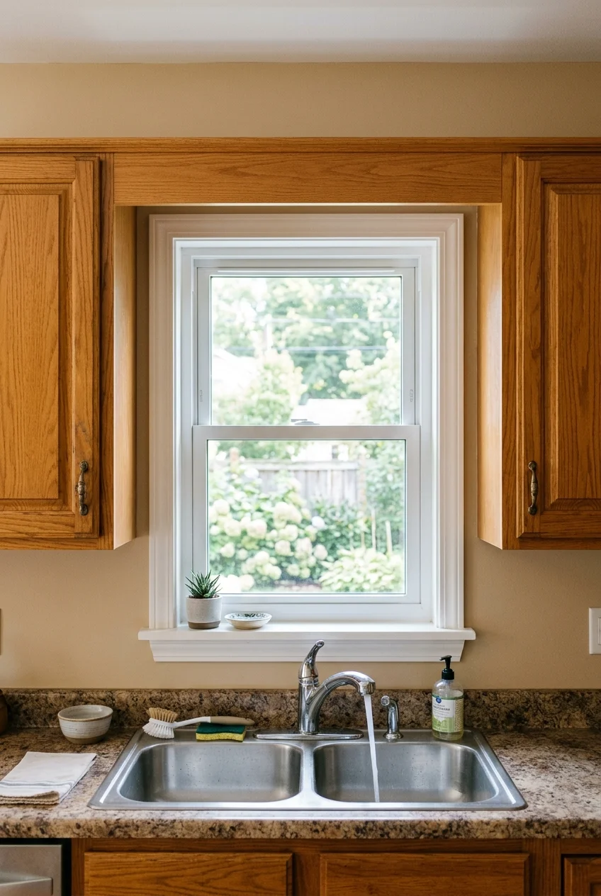 A straight oak valance spans a sink window between existing upper cabinets.