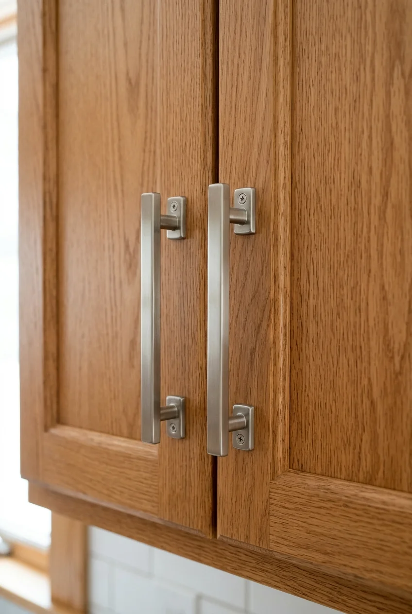Simple brushed nickel handles update oak doors without extra mounting holes.