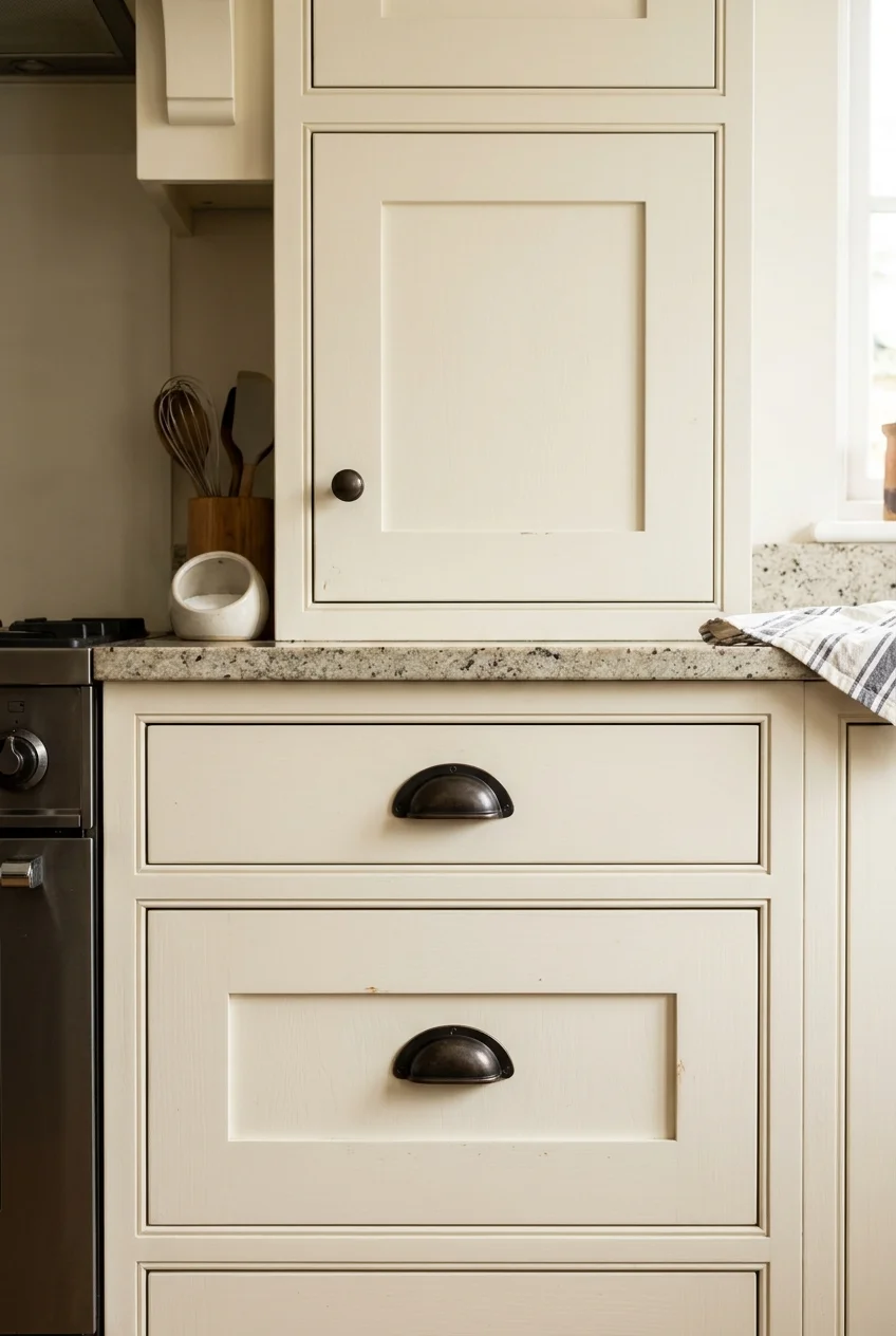 Dark bronze cup pulls on cream drawers coordinate with knobs on doors.