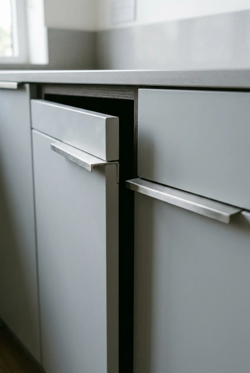Slim brushed steel edge pulls fit neatly on light gray slab fronts.