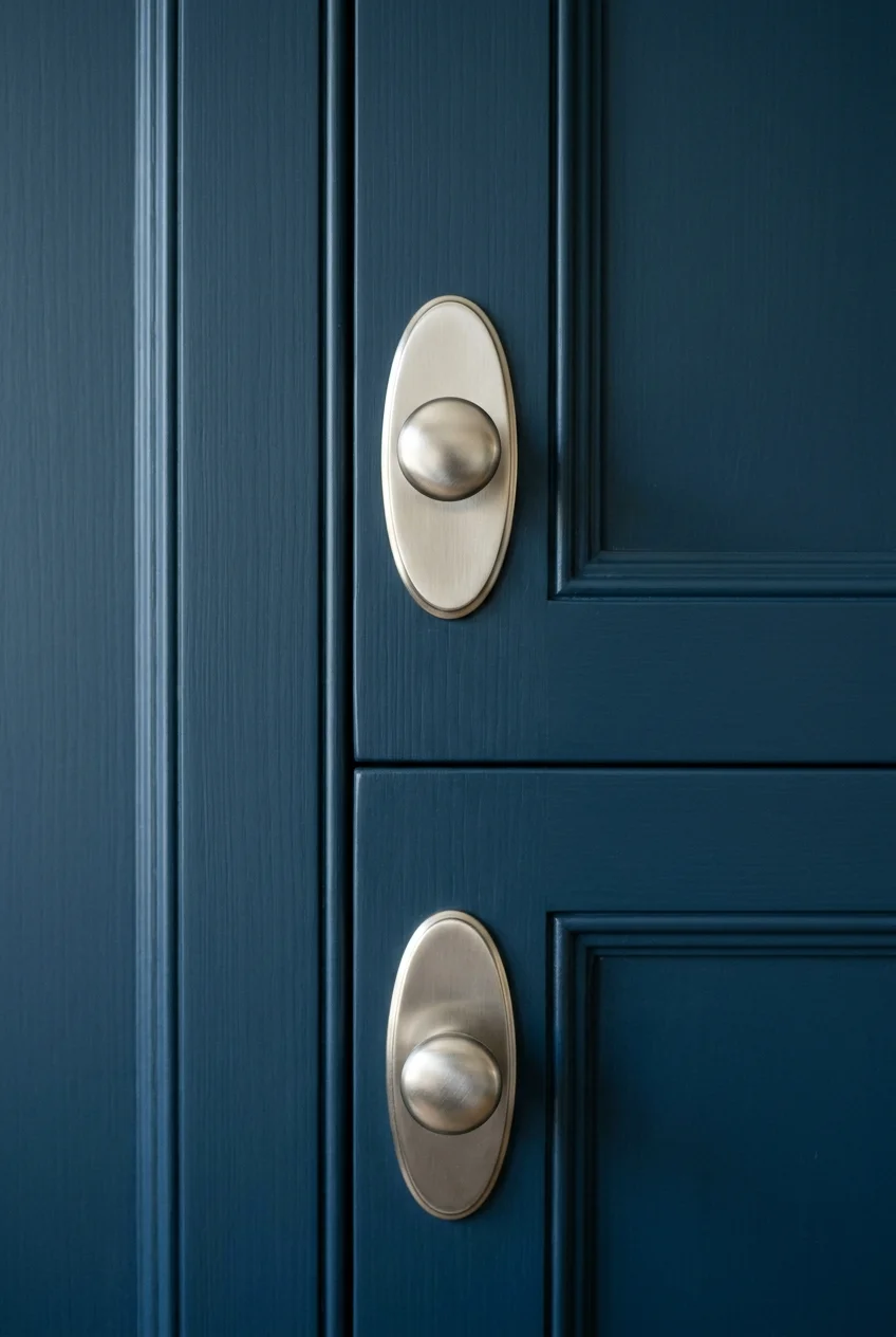 Oval nickel backplates frame round knobs on deep blue paneled doors.