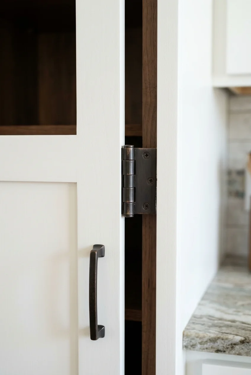 Dark bronze exposed hinges coordinate with a matching handle on a white cabinet.