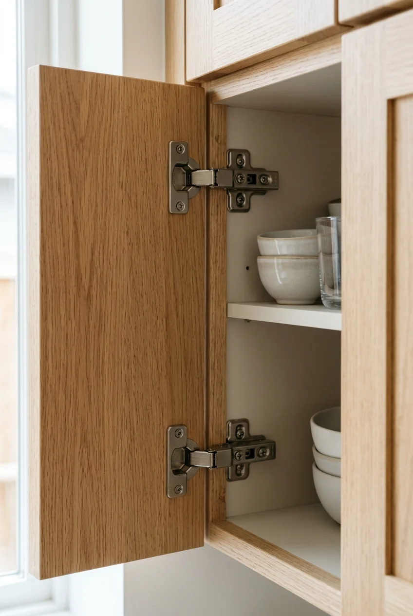 An open cabinet door reveals fitted concealed hinges and mounting plates.