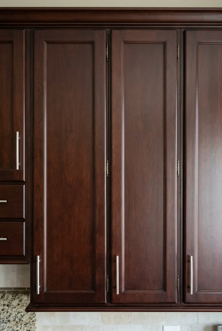 Dark cherry cabinet doors form straight, consistent gaps after alignment.
