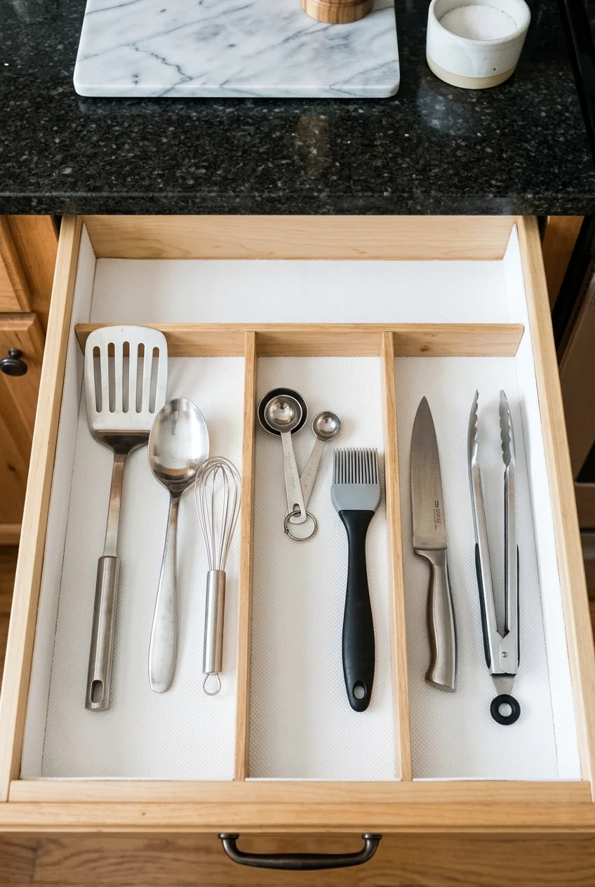 White fitted grip liner refreshes a clean kitchen utensil drawer.