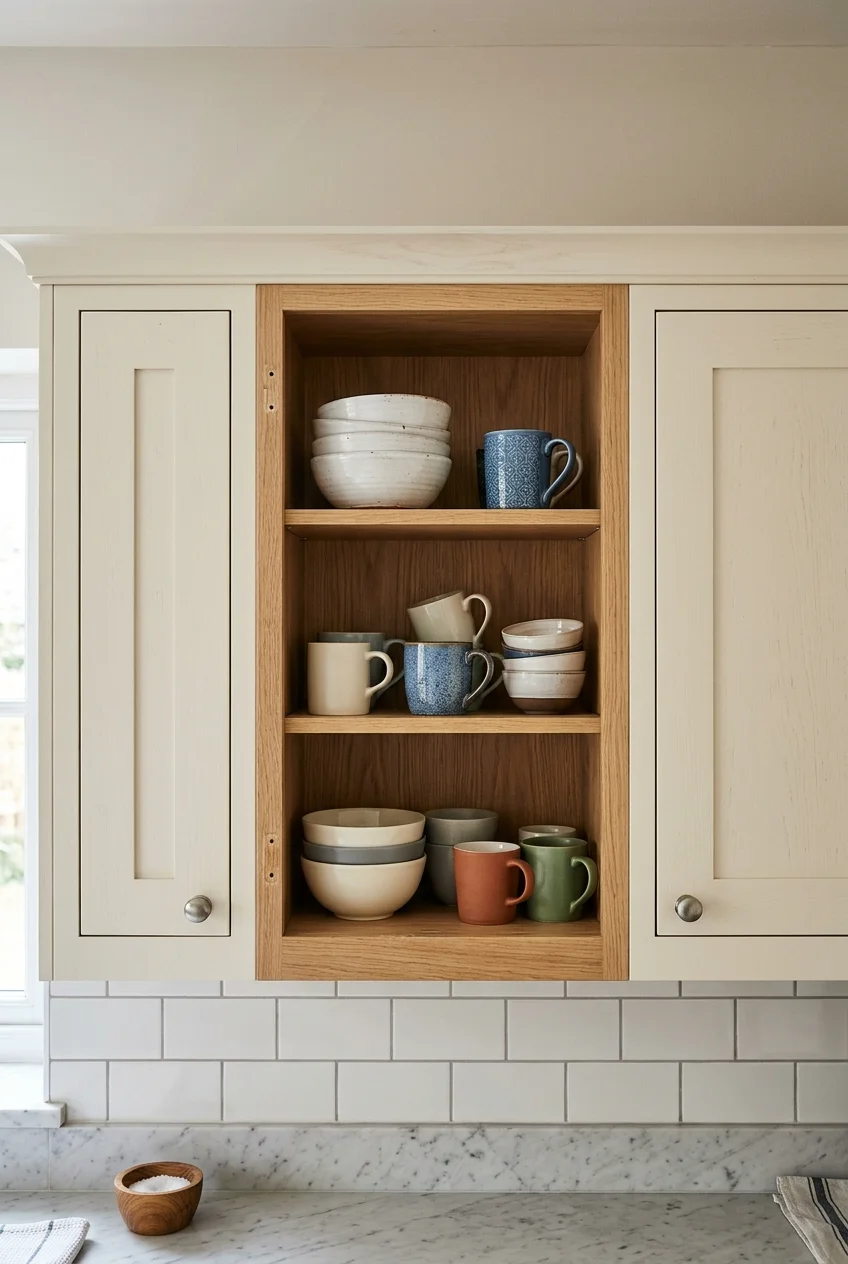 One open dish cupboard breaks up a row of solid upper cabinets.