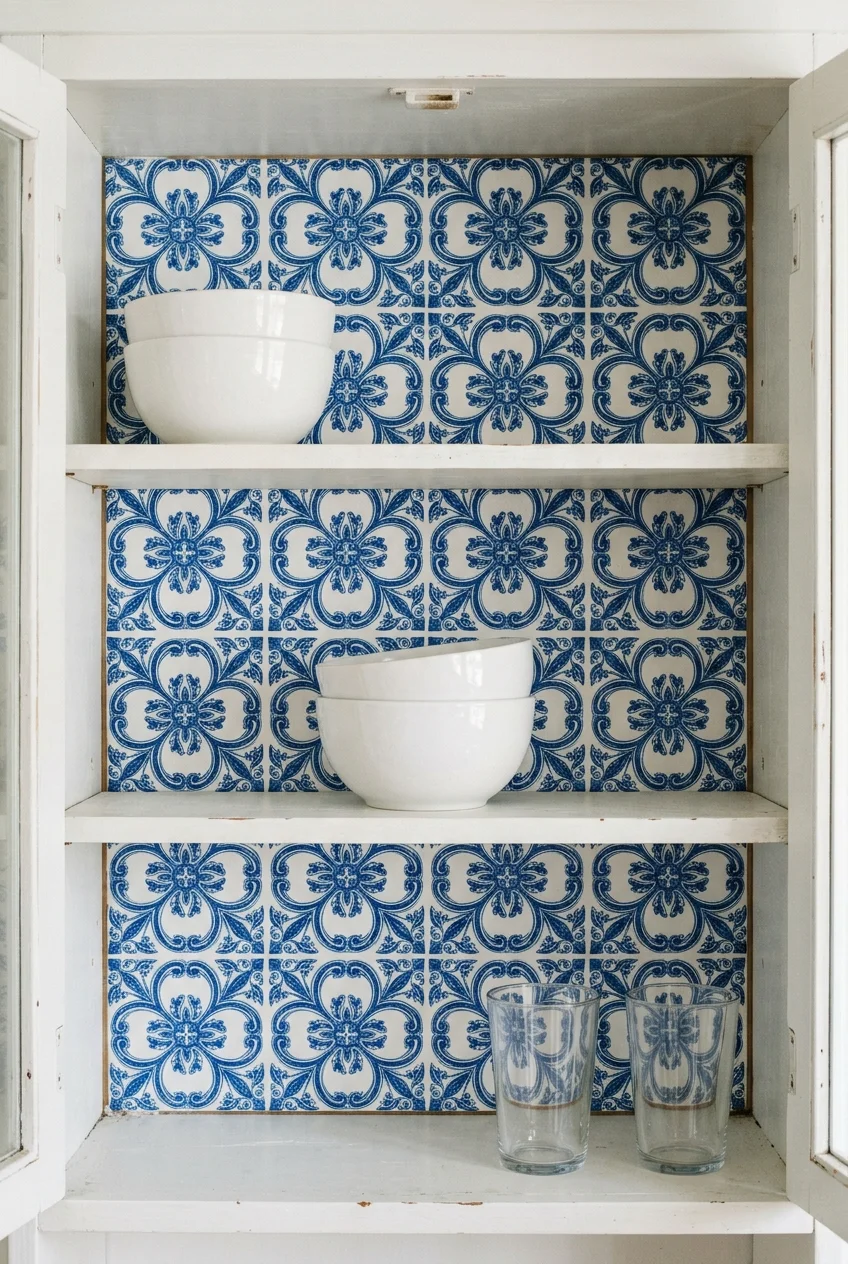 A blue-and-white patterned back panel adds detail behind everyday dishes.