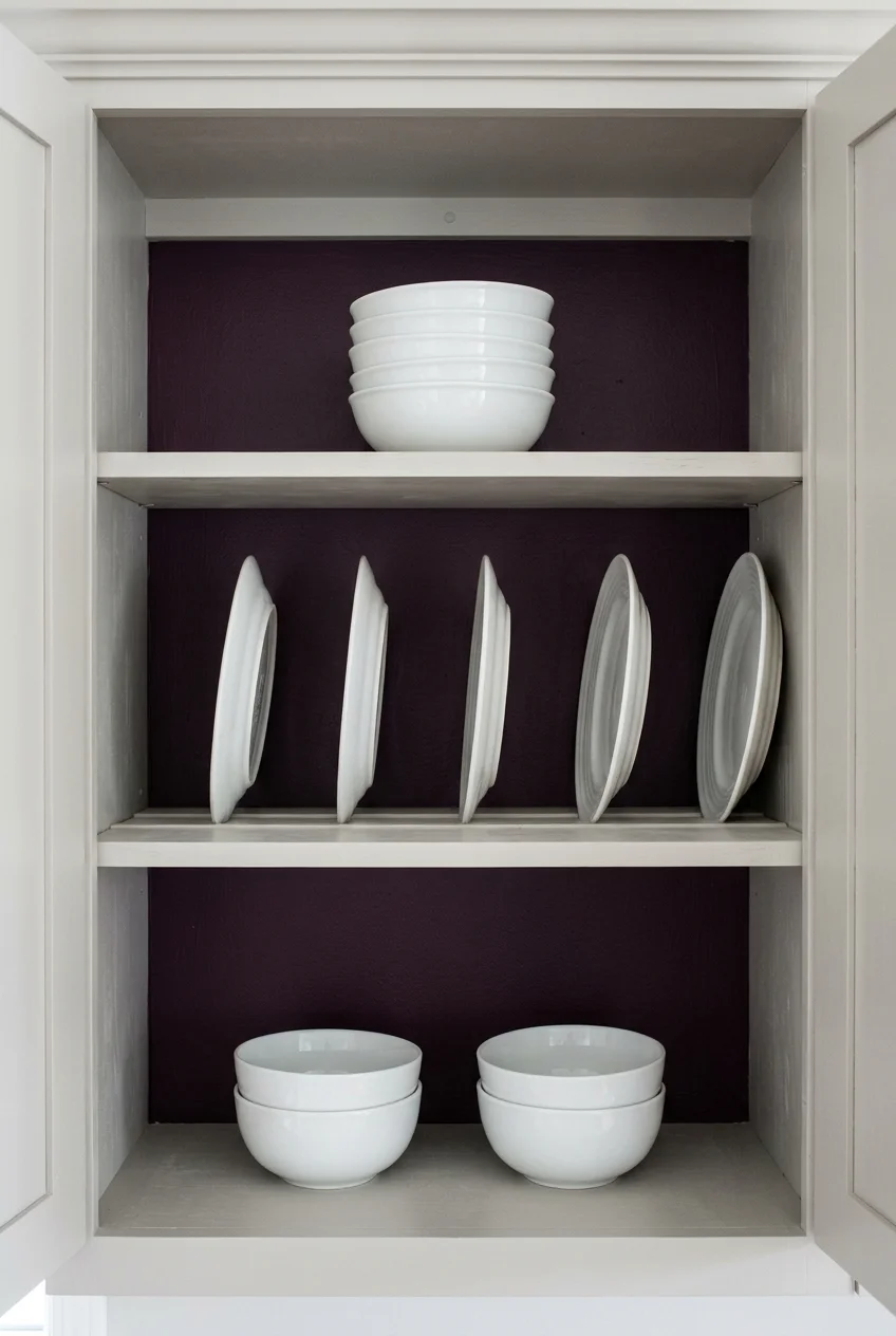 White dishes stand out against a deep plum cupboard back.