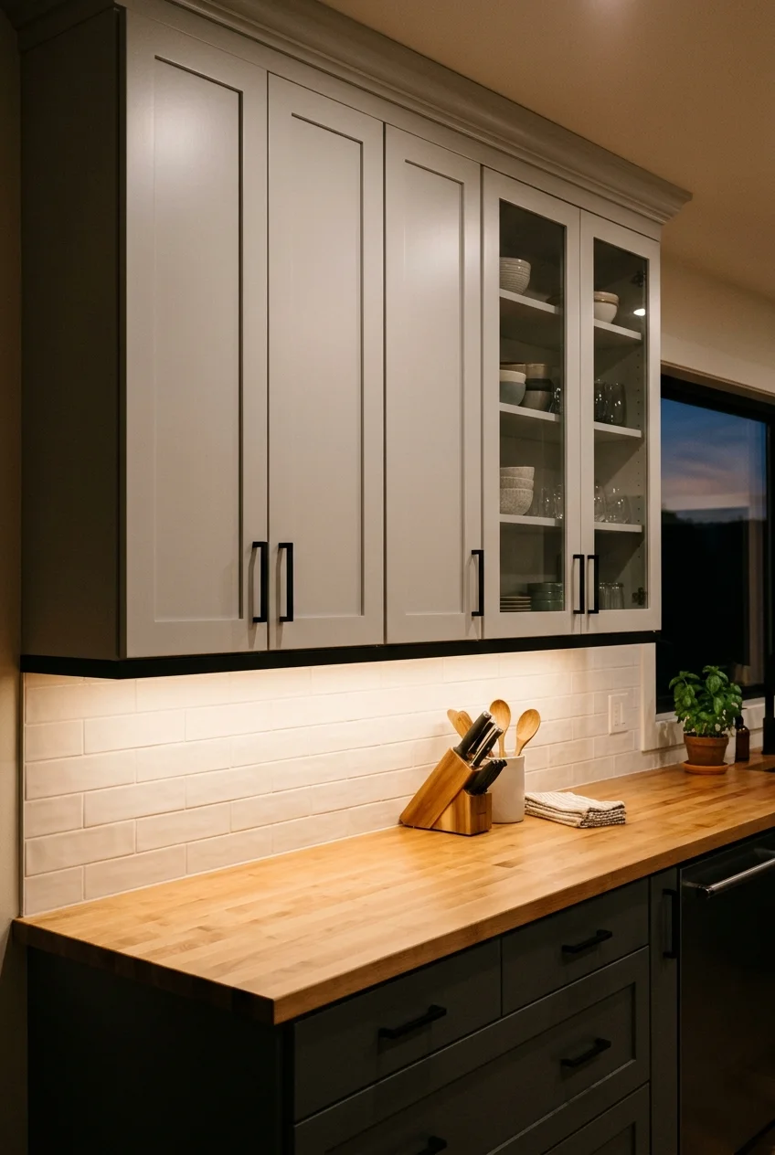 Concealed under-cabinet lighting casts an even wash across a kitchen counter.