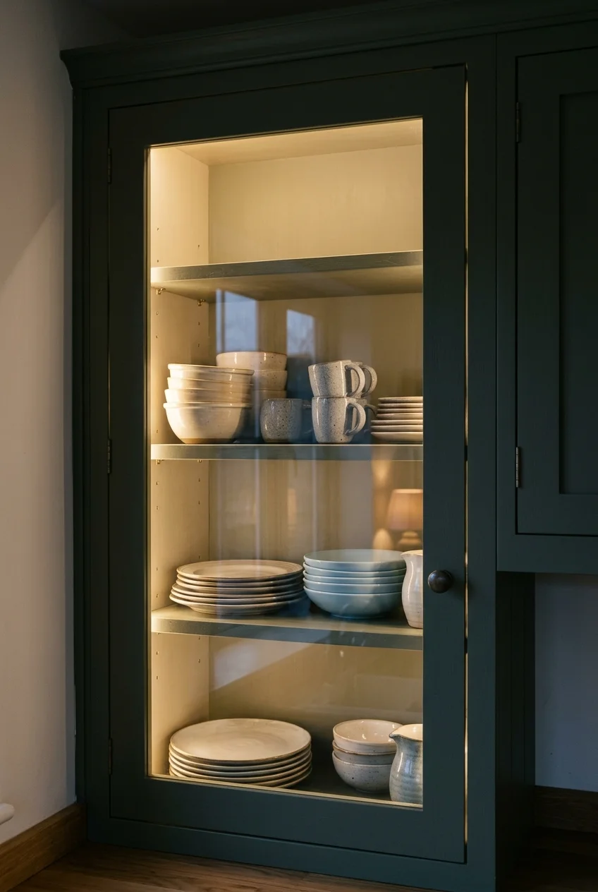 Interior cupboard lighting reveals ceramics behind clear glass doors at dusk.