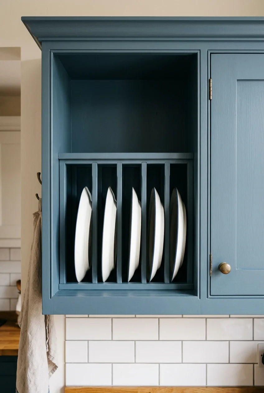 A fitted vertical plate rack holds everyday plates inside an open upper bay.