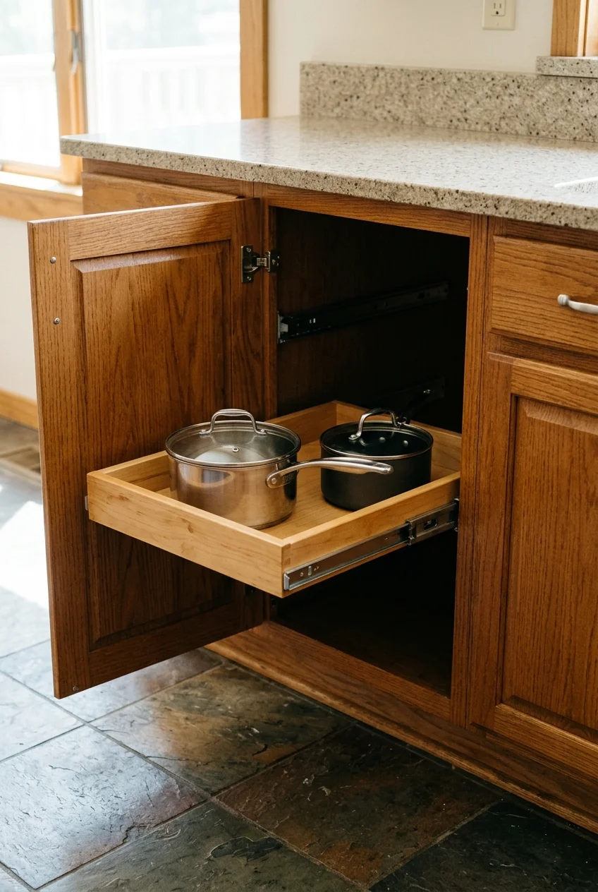 A fitted rollout brings pots forward from a deep base cabinet.