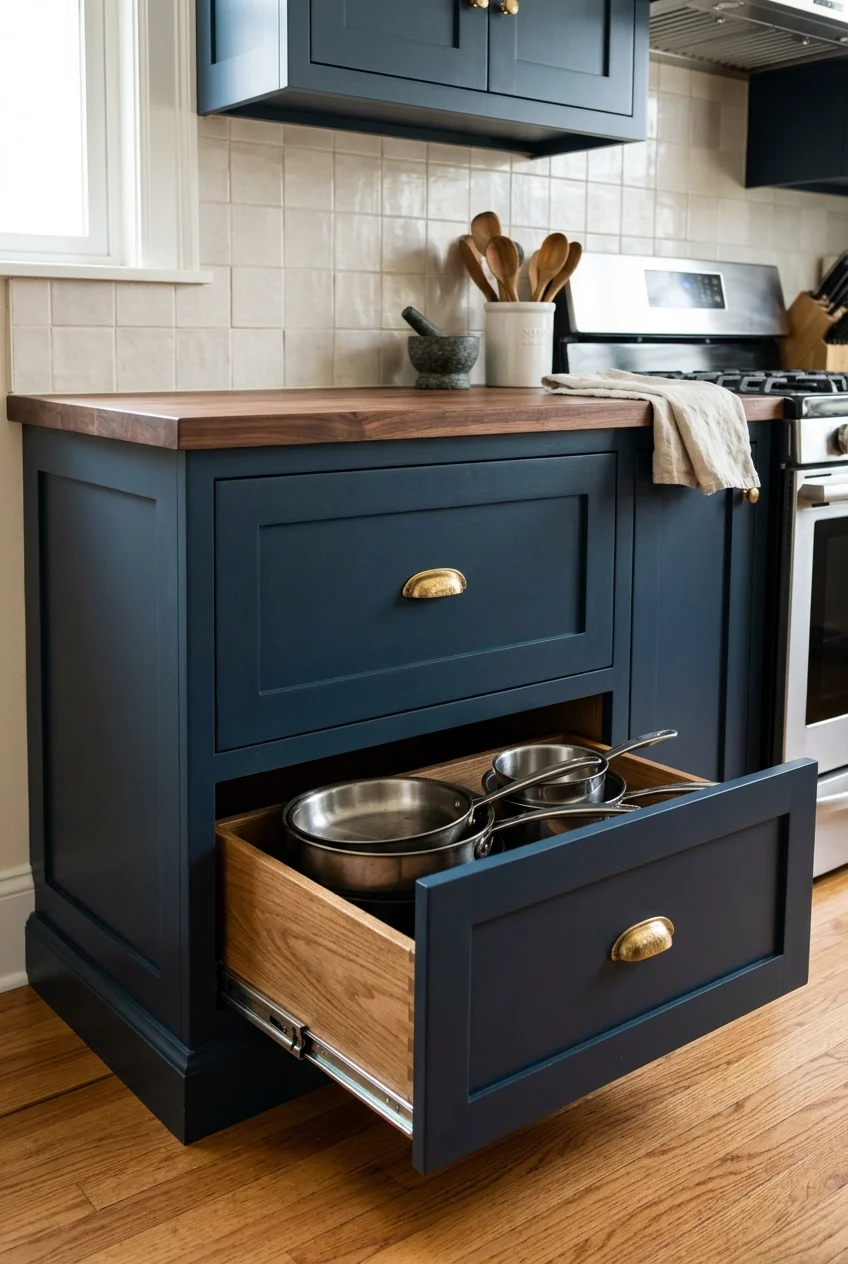 Two deep drawers replace a door-front cabinet for easier cookware access.