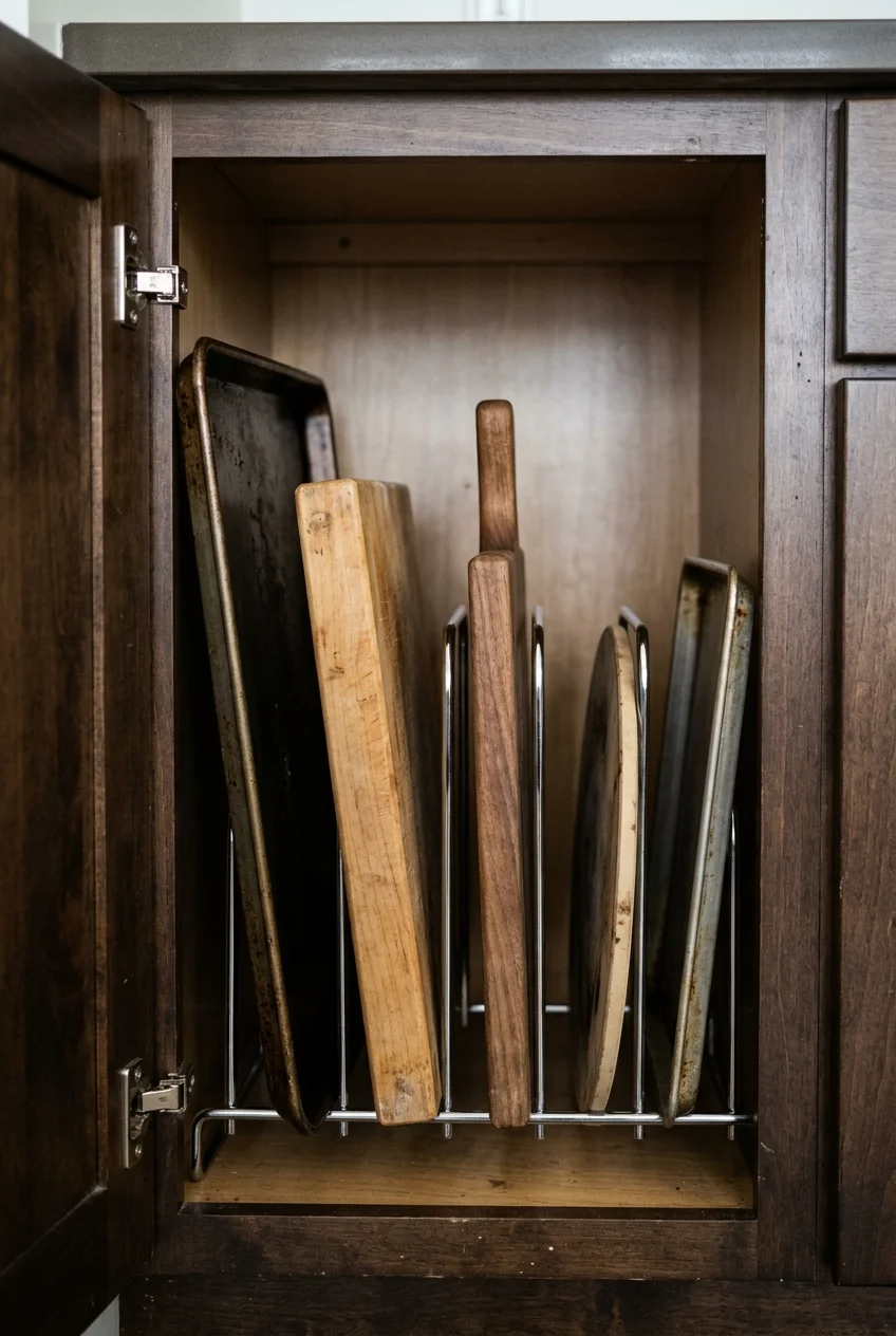 Vertical wire dividers separate baking sheets and boards inside a narrow cabinet.