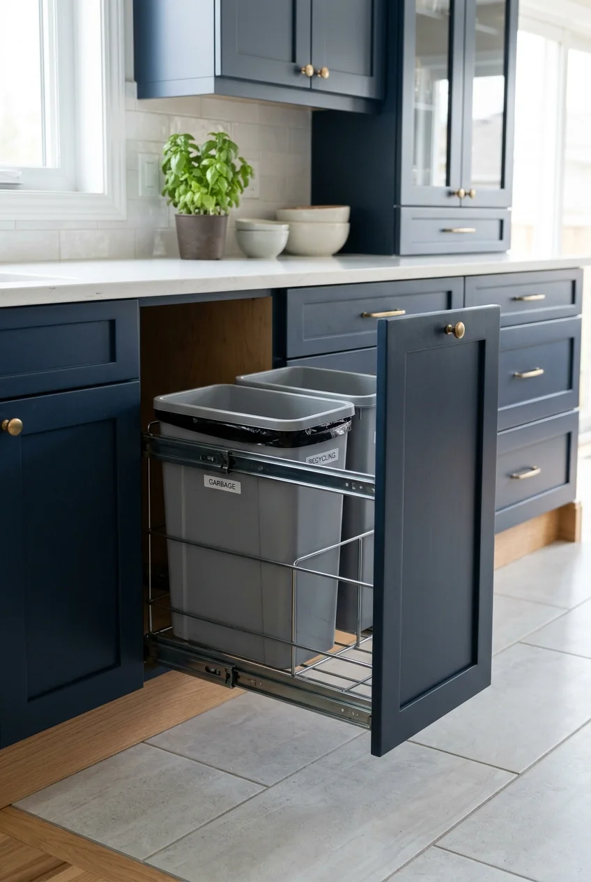 A door-mounted pullout holds two removable waste and recycling bins.