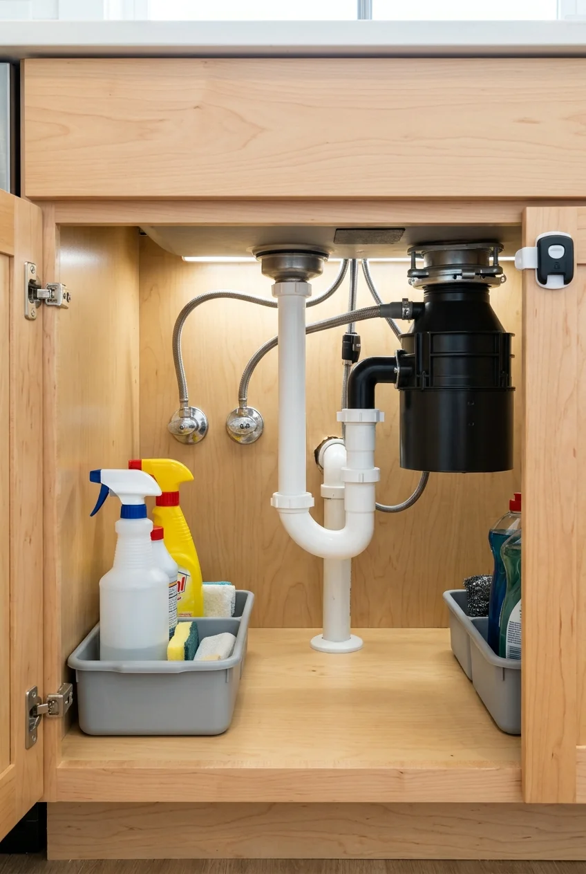Shallow caddies fit around sink plumbing while leaving valves accessible.