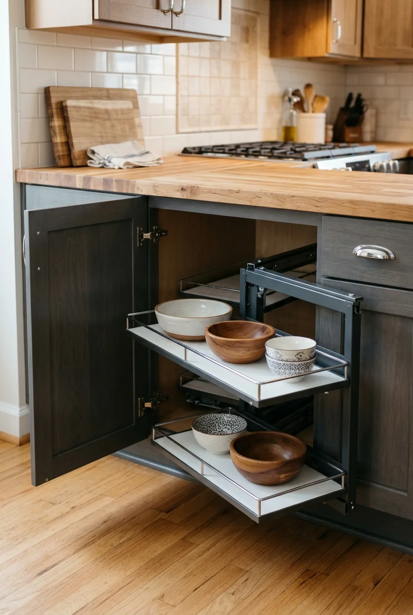 A fitted blind-corner organizer brings trays into a clear kitchen aisle.