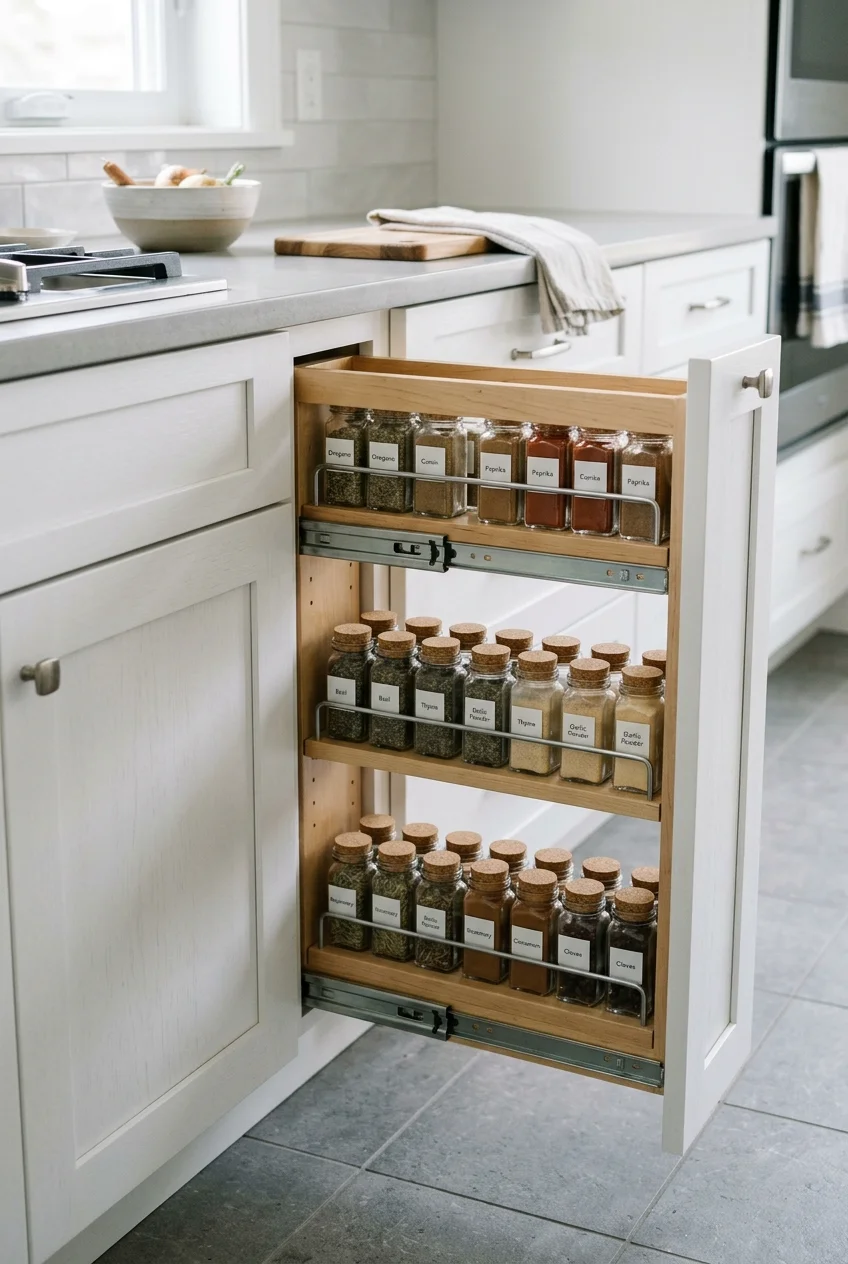 A narrow fitted pullout displays spice jars behind retaining rails.