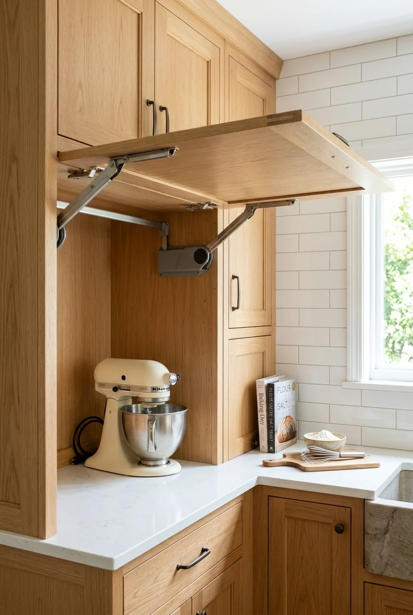 An open lift-up appliance garage stores a mixer beside a clear counter area.