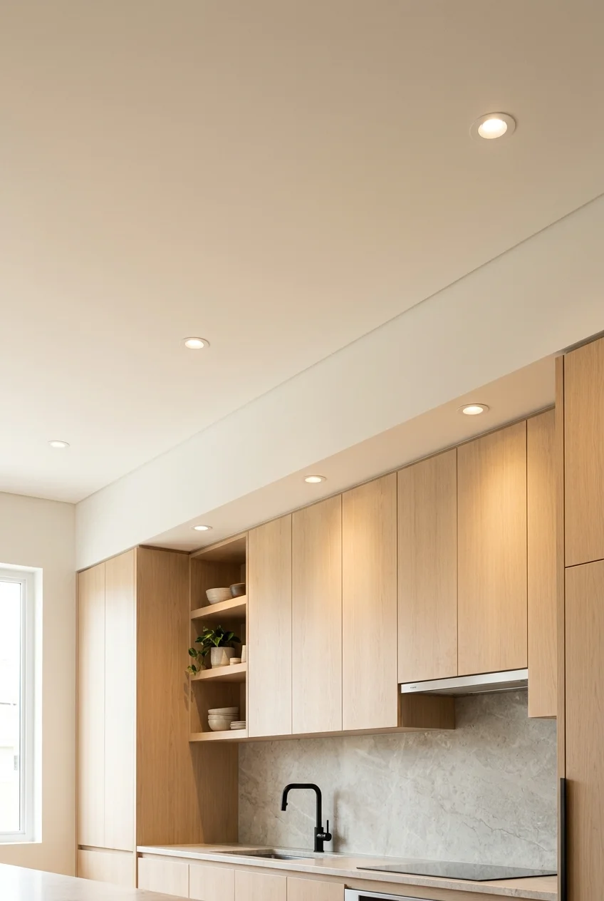 Smooth warm-white ceiling above pale oak modern kitchen cabinets.