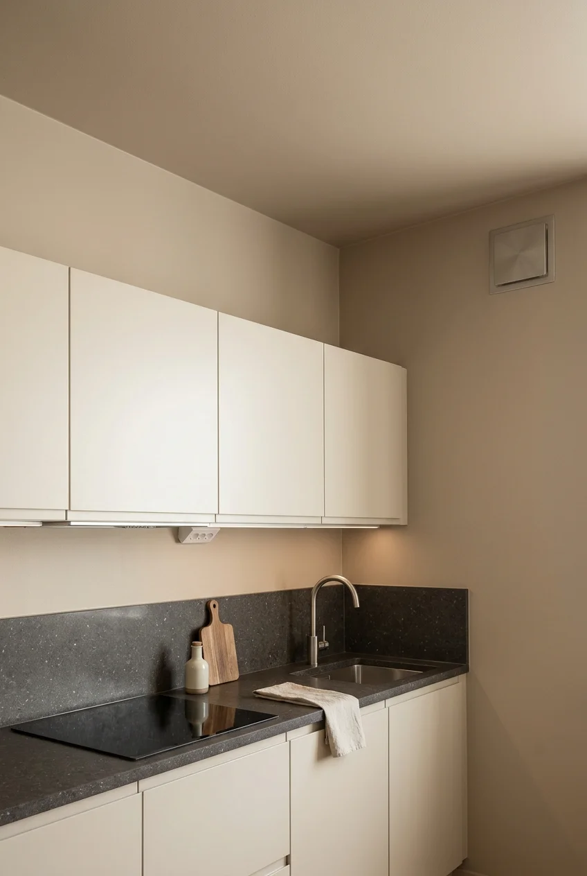 Mushroom-colored walls and ceiling surrounding a compact modern kitchen.
